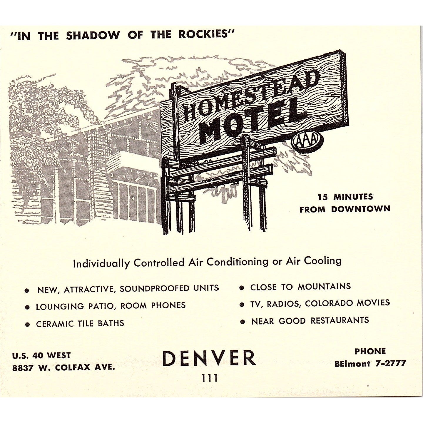 New Mesa Motel Ralph & Florence Ennis, Homestead Motel Denver CO 1958 Ad AG1-H1
