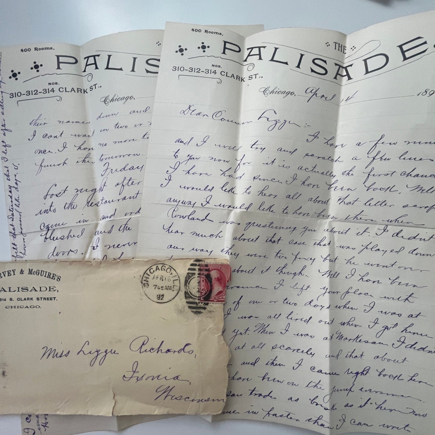 1892 Harvey & McGuire's Palisade Chicago Handwritten Letter & Envelope AI9-H6