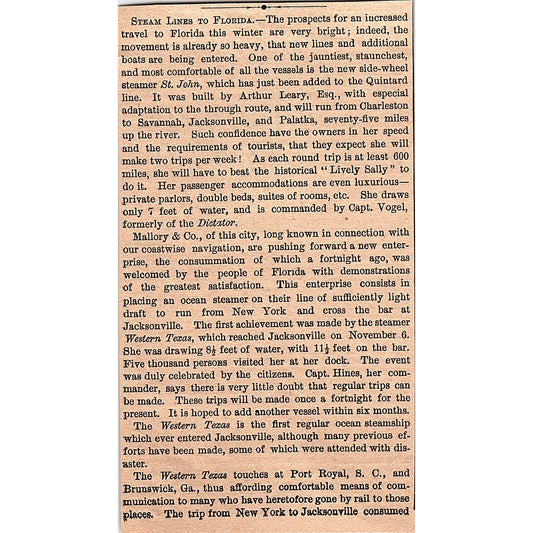 Steamer Lines to Florida Capt. Vogel, Arthur Leary 2 Pages 1878 Article AG2-7