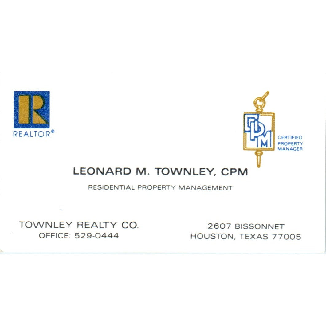 Leonard M. Townley Realty Co Houston TX Vintage Business Card SD4-B5