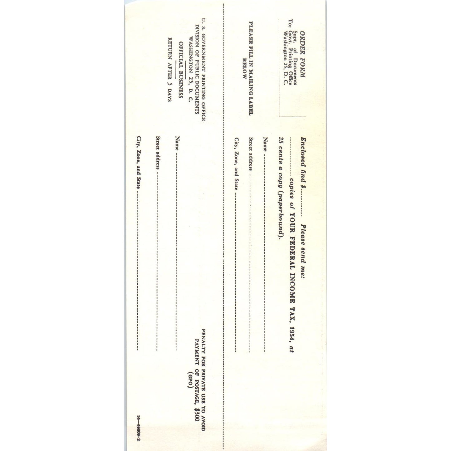 1955 US Government Printing Office Federal Income Tax Copy Order Form AE4