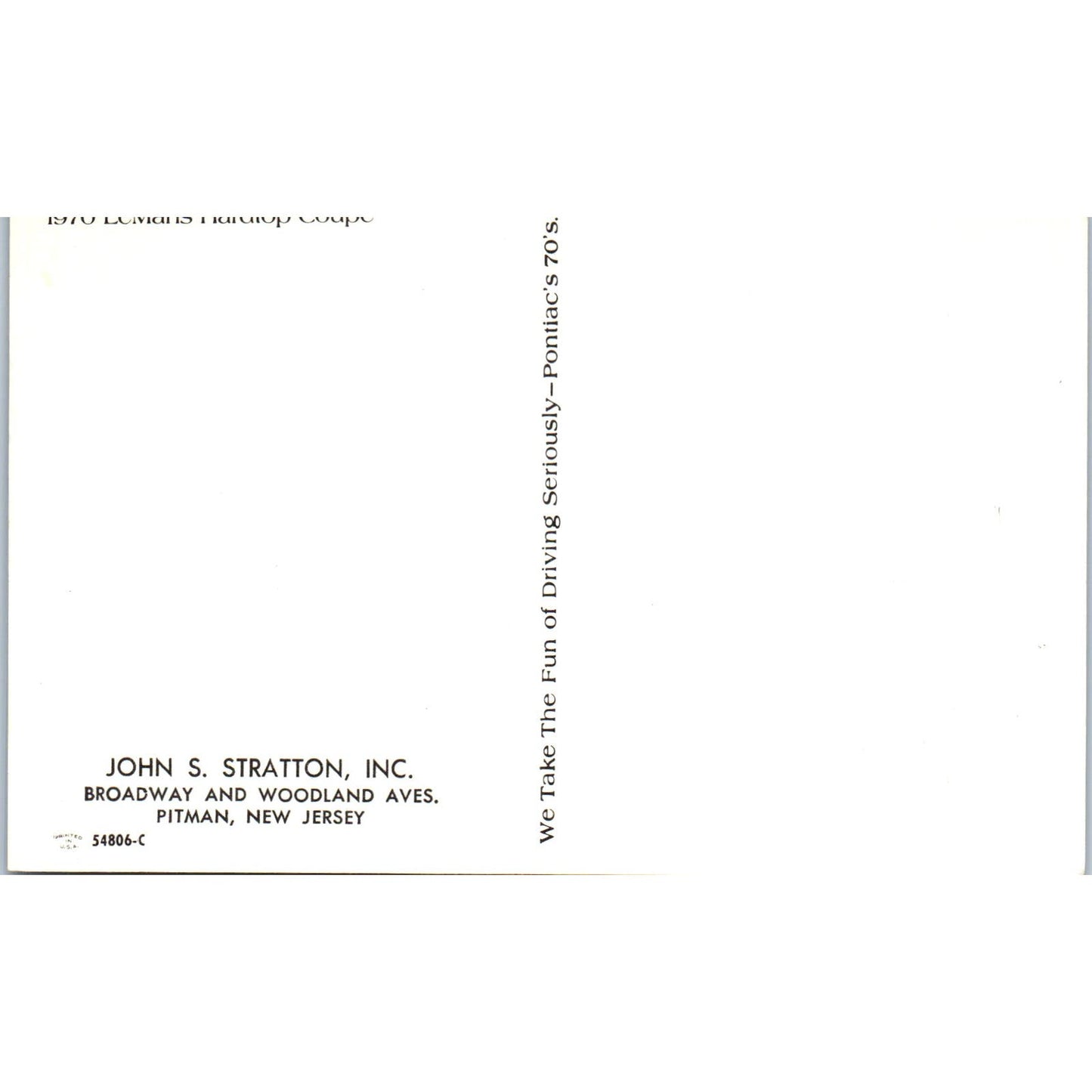 1970 Pontiac LeMans Hardtop Coupe John S. Stratton Pitman NJ Postcard PC11