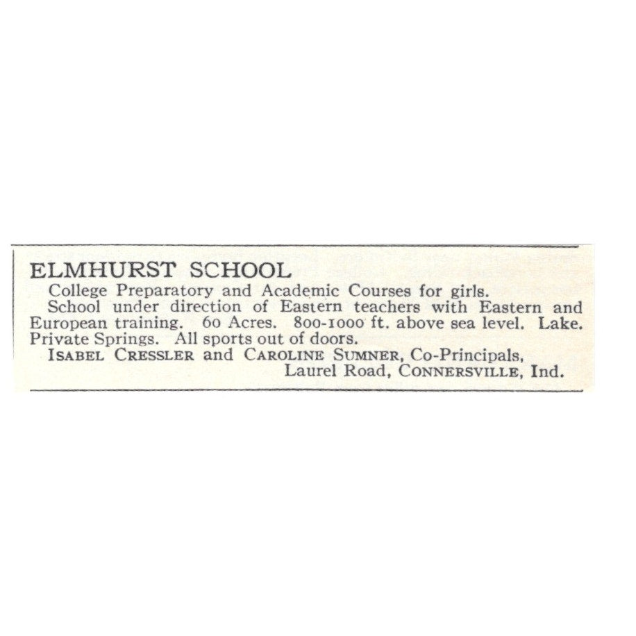 Elmhurst School Isabel Cressler Caroline Sumner Connersville IN 1924 Ad AD8-O8
