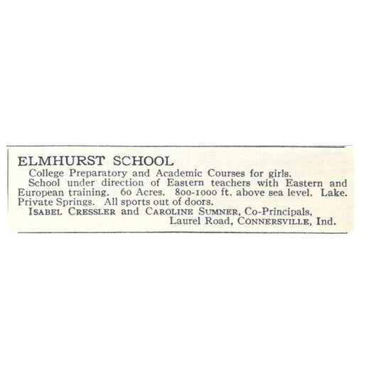 Elmhurst School Isabel Cressler Caroline Sumner Connersville IN 1924 Ad AD8-O8