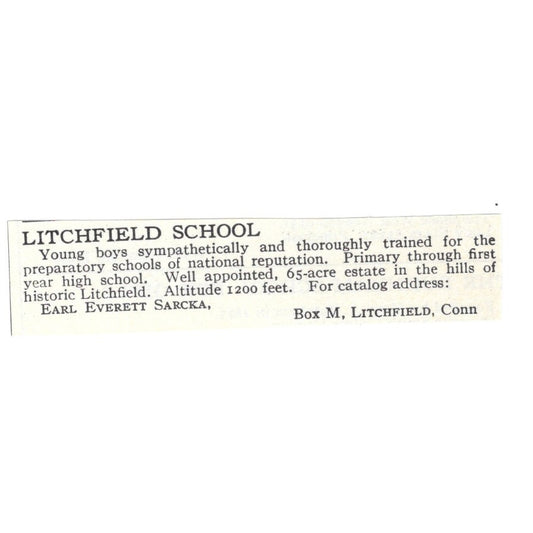 Litchfield School for Boys Earl Everett Sarcka CT 1924 Magazine Ad AD8-O6