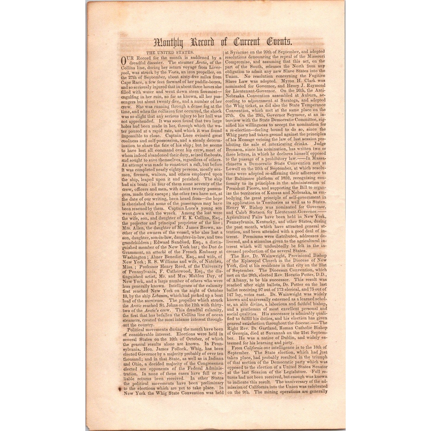Steamer Arctic Struck by Vesta Cape Race Current Events 3 Pages 1854 Article I19