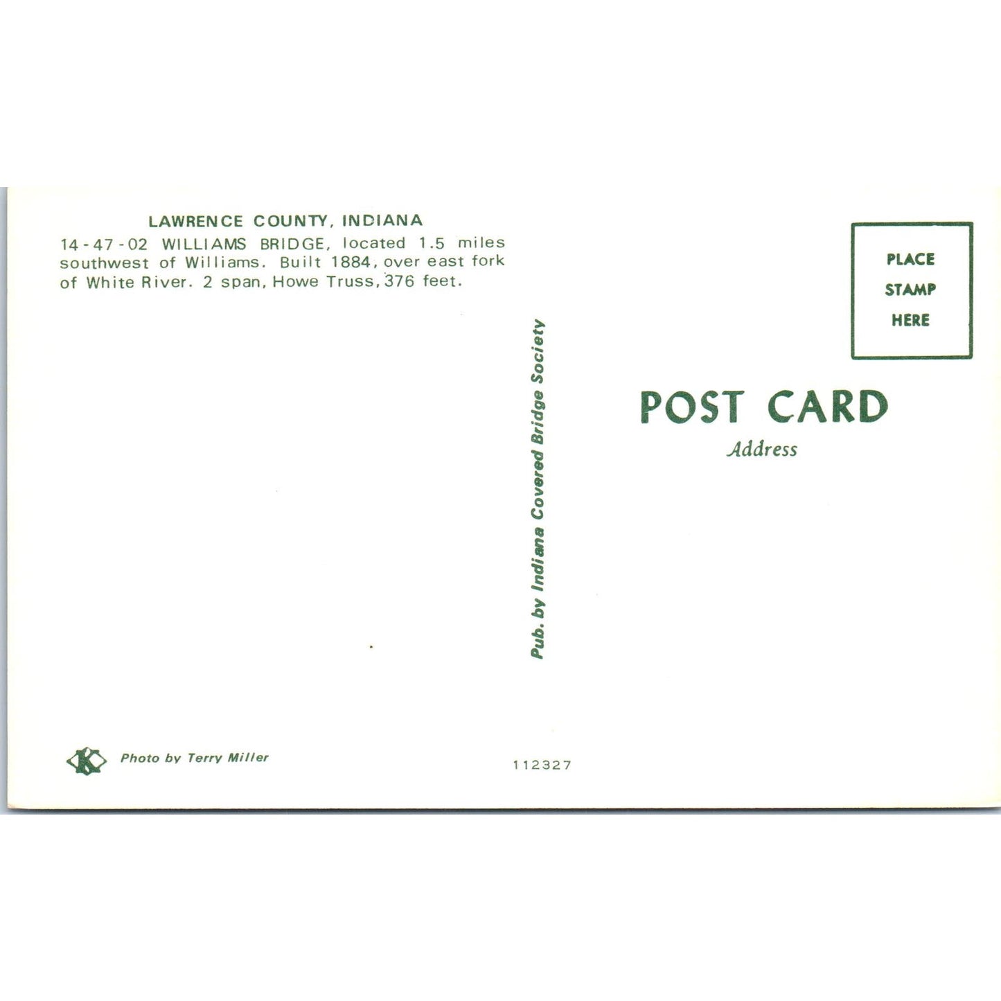 Williams Bridge Lawrence County Indiana Covered Bridge Postcard PB11