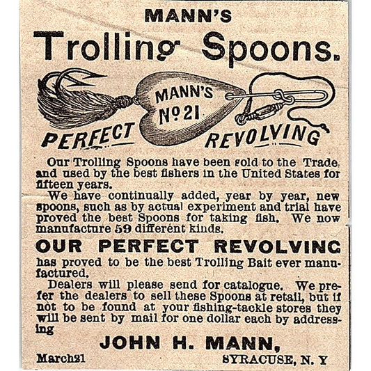 Mann's Trolling Spoons John H. Mann Syracuse NY Fishing Lures 1878 Ad AG2-M14