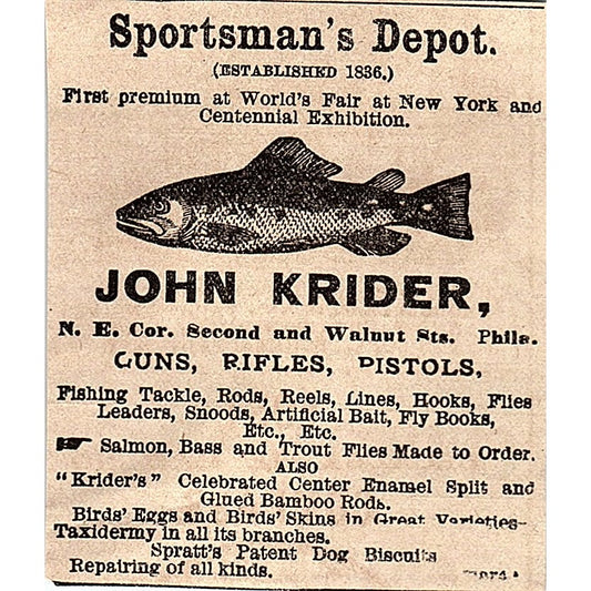 John Krider Sportsman's Depot World's Fair Philadelphia 1878 Ad AG2-M14