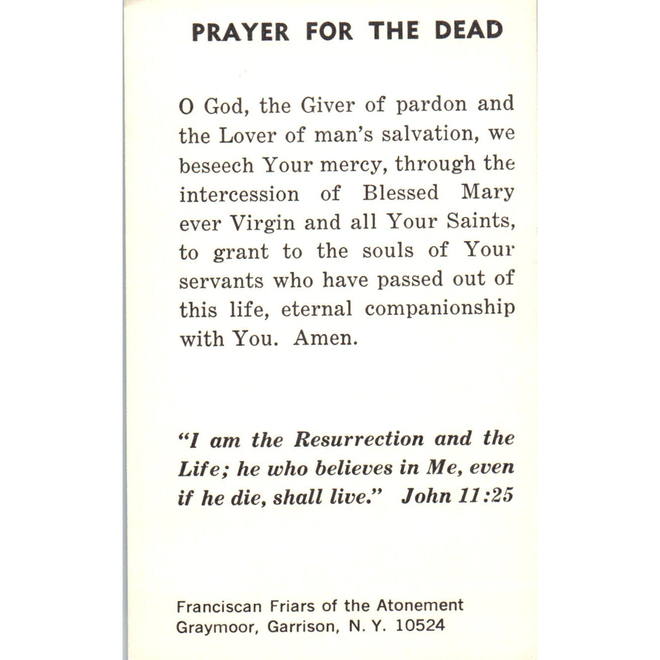 Prayer for the Dead Franciscan Friars Graymoor Vtg Catholic Prayer Card TH2-PC1