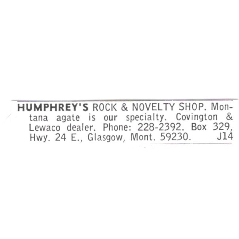 Humphrey's Rock & Novelty Shop Glasgow Montana 1972 Ad AF8-S14
