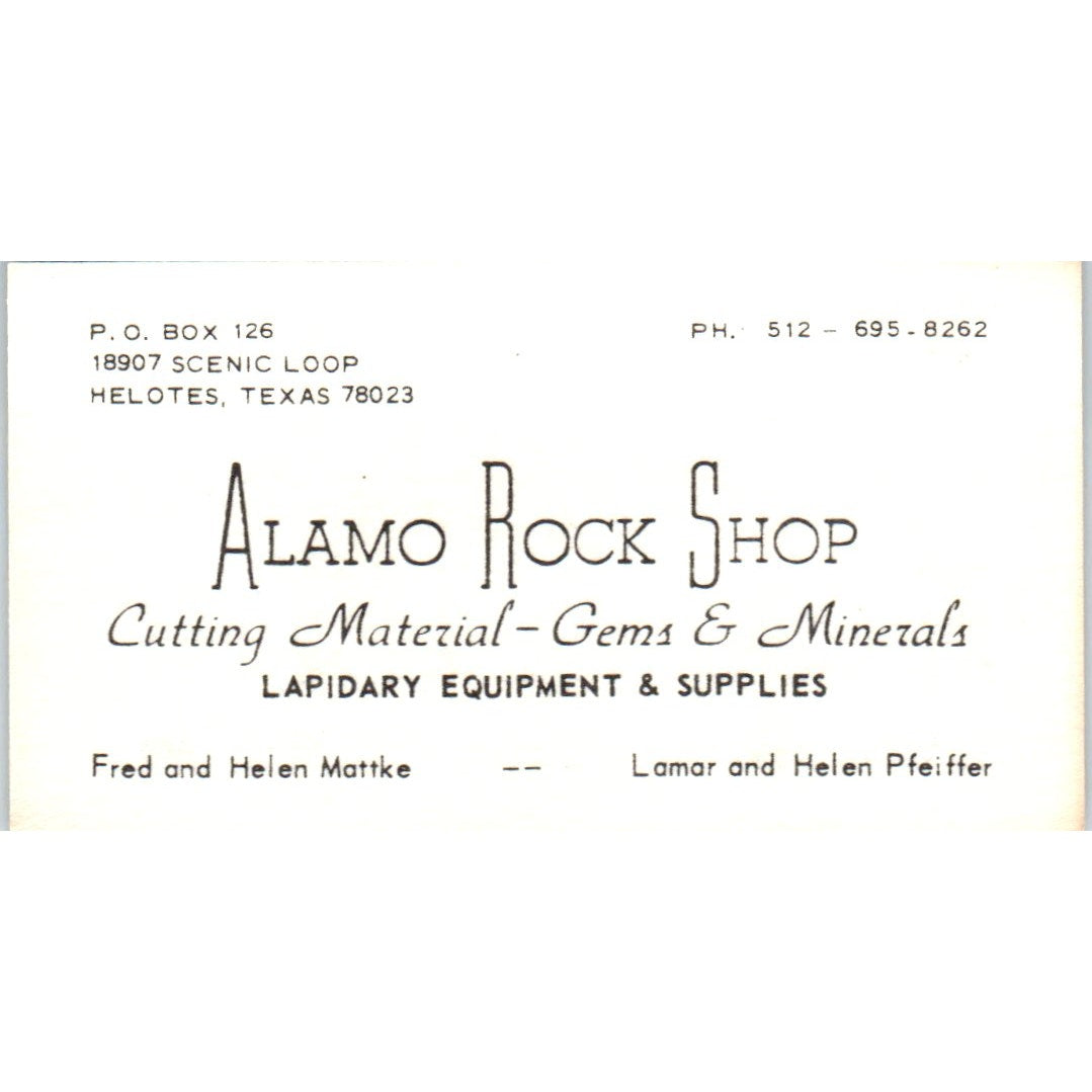 Alamo Rock Shop Mattke Pfeiffer Helotes TX Vintage Business Card SD8-B7