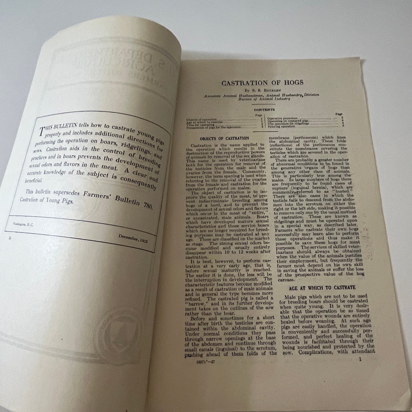 Castration of Hogs 1923 USDA Farmers Bulletin Booklet TK2-XB3