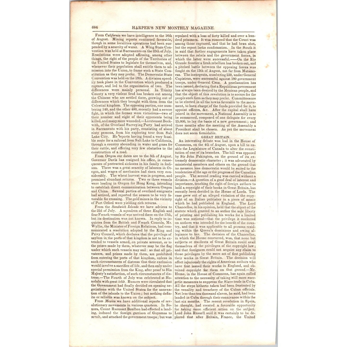 Fugitive Slave Law Repeal Monthly Current Events 2 Pages 1854 Article I19