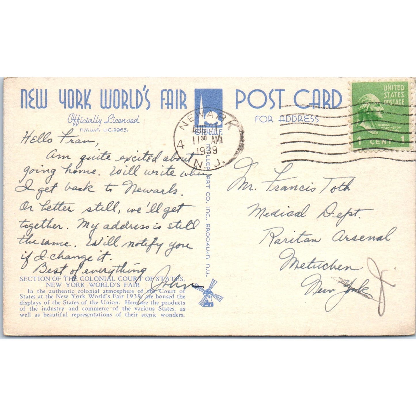 1939 New York World's Fair Colonial Court of States Vintage Postcard PD3