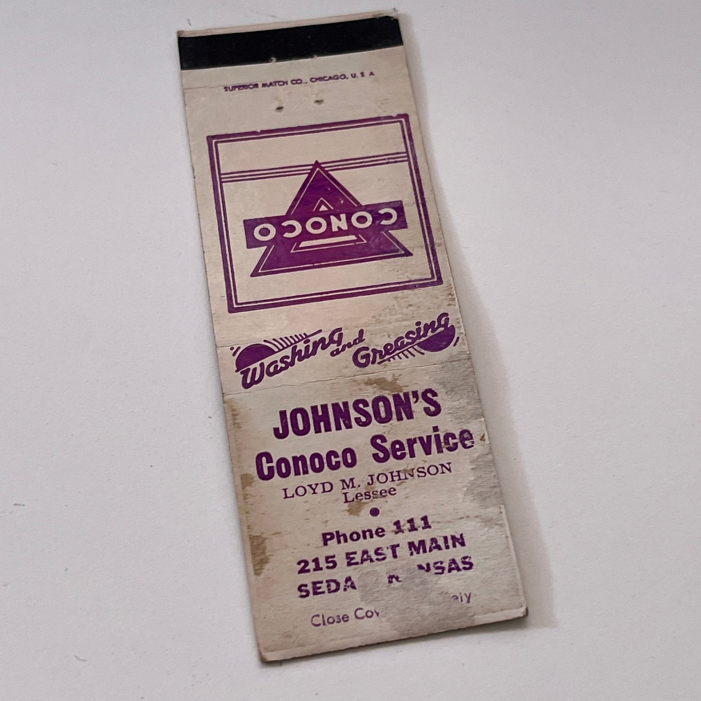 Johnson's Conoco Service Loyd M Johnson Sedan Kansas Matchbook Cover TB6-MB1-15