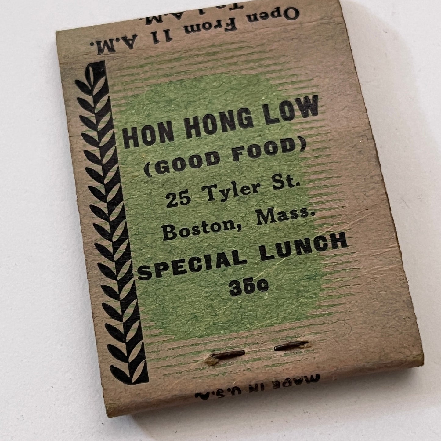 Hon Hong Low Chinese Food 25 Tyler St Boston MA Vtg Matchbook Cover TB8-MB3-1