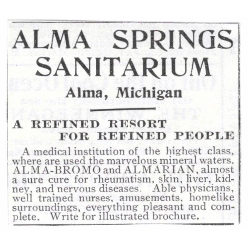 Alma Springs Sanitarium Alma MI c1918 Original Advertisement AE5-SV2