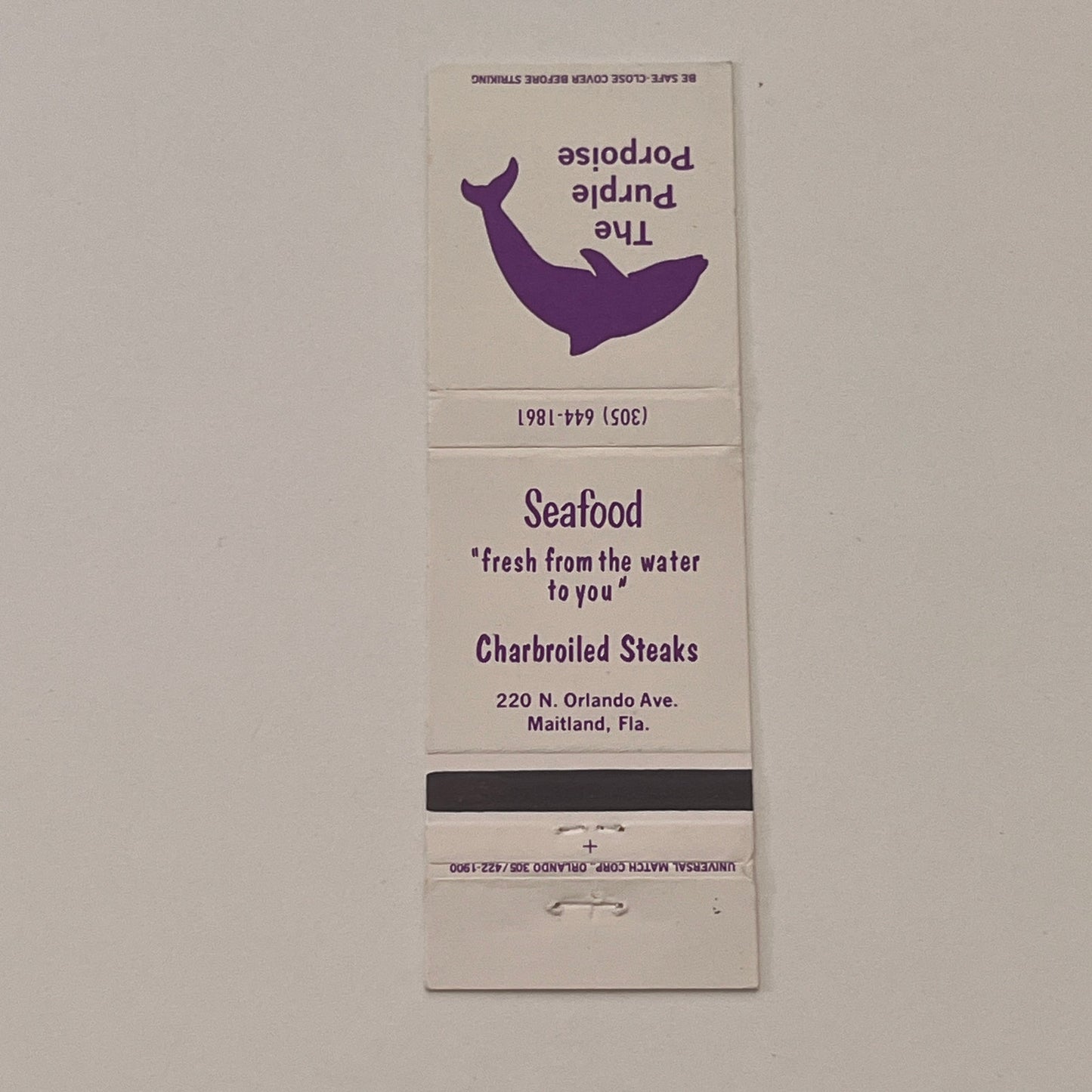 The Purple Porpoise Seafood Maitland FL Vintage Matchbook Cover TB6-MB2-2