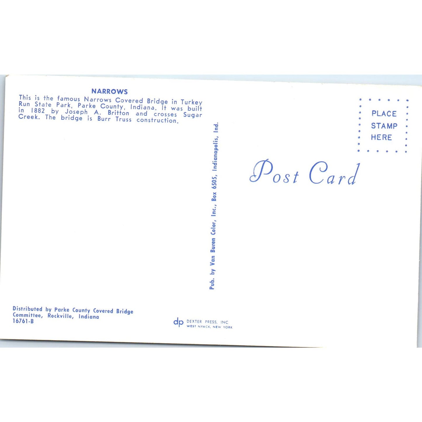 Narrows Bridge Turkey Run State Park IN Vintage Covered Bridge Postcard PD1