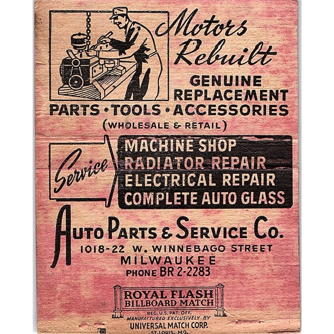Auto Parts & Service Co Milwaukee WI Vintage Large Matchbook Cover TH2-Y2