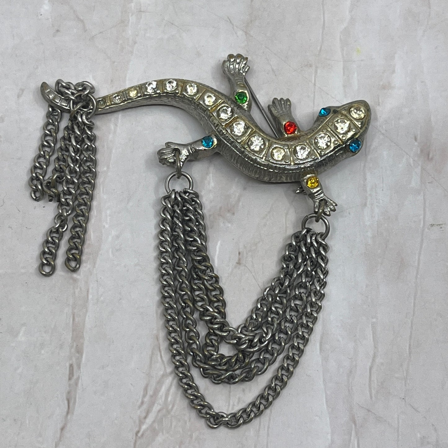 Vintage Rhinestone Gecko Salamander Lizard Brooch Pin with Tassel SB3