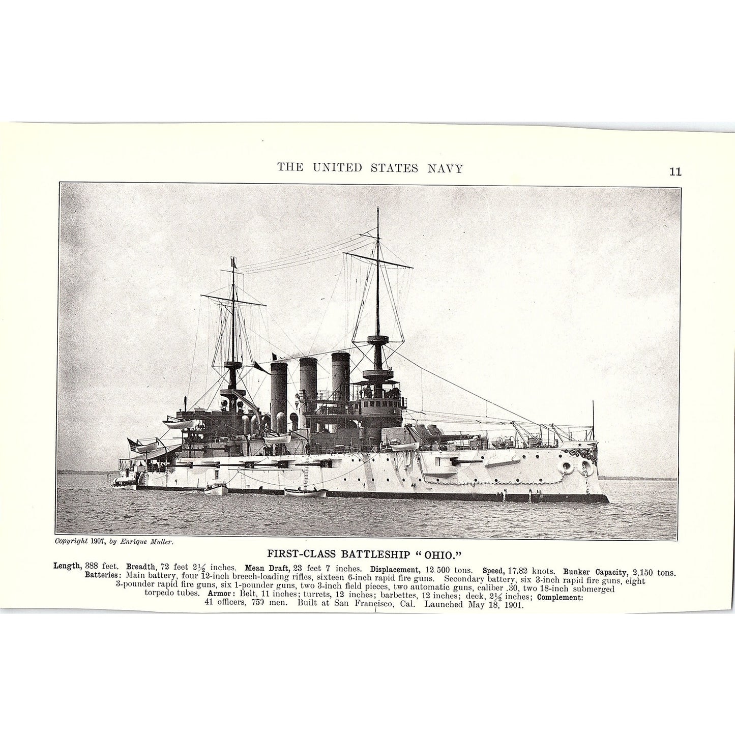 First Class Battleship Illinois & Ohio Double Sided 1910 Print AF6-20