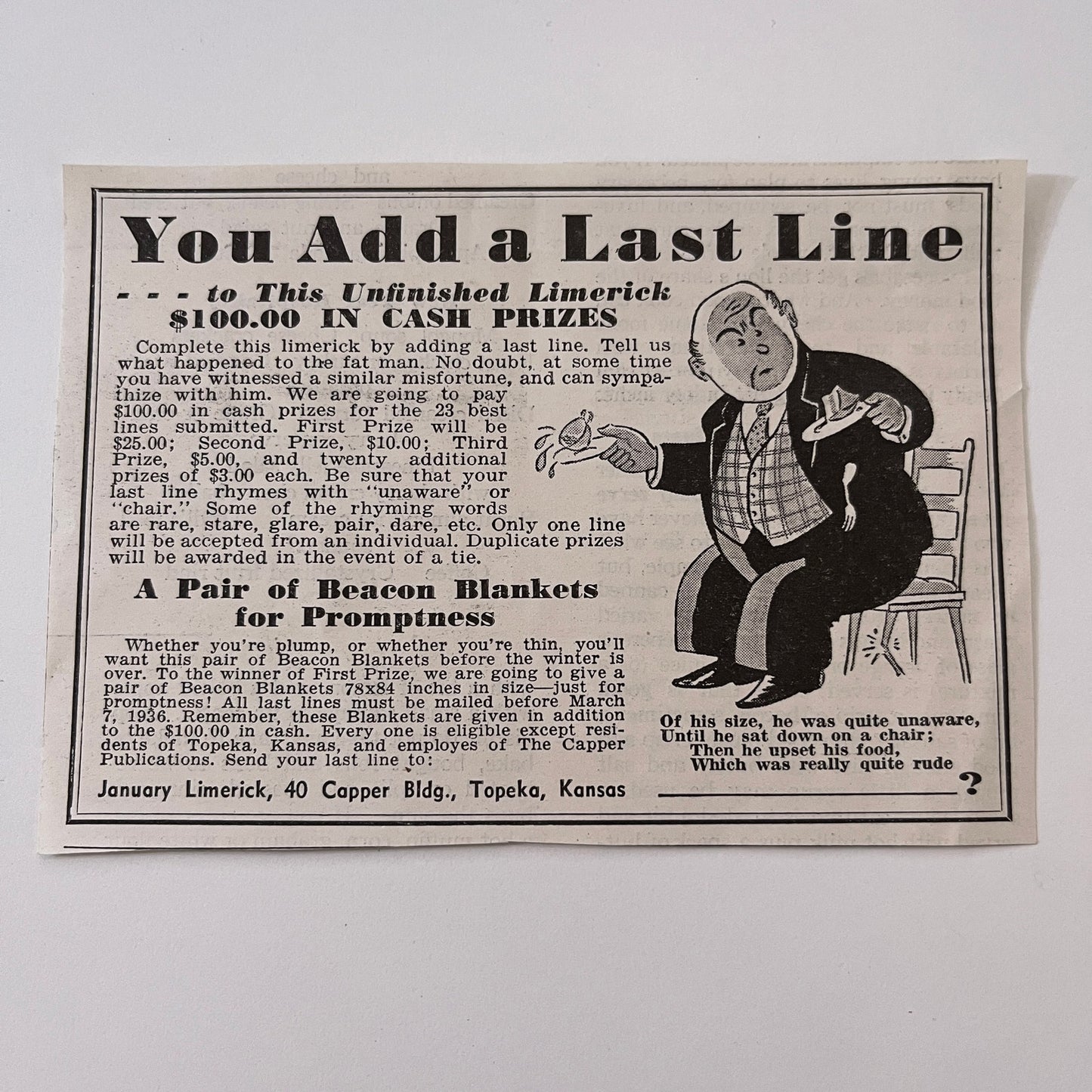 Last Line Limerick Contest January Limerick Topeka KS 1936 Magazine Ad AG4-8