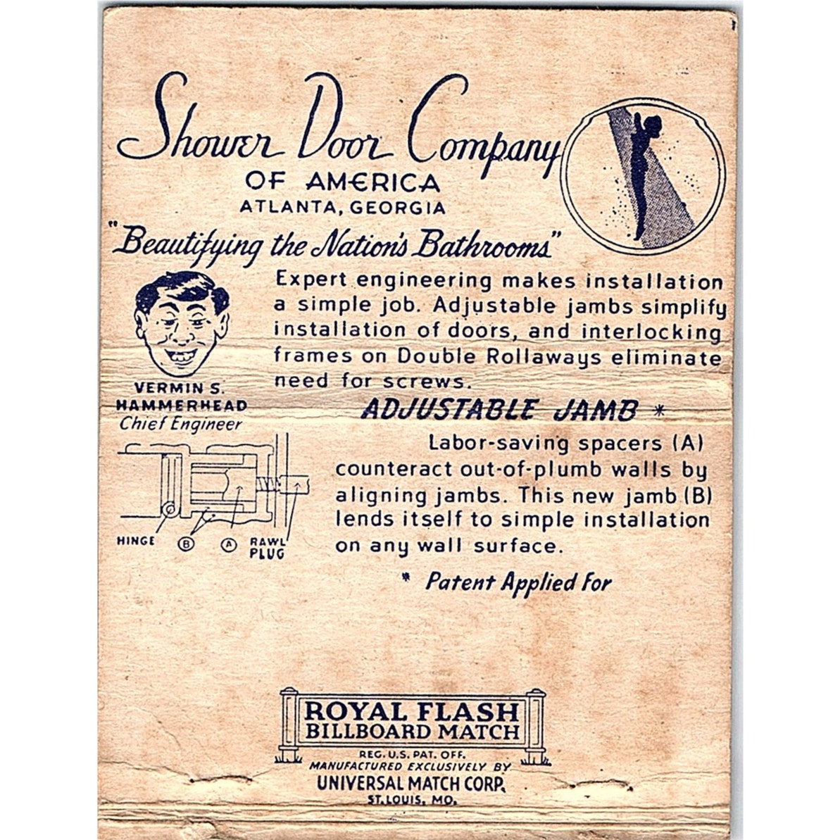 Shower Door Company Muncie Glass & Paint Co Atlanta Vintage Matchbook TB6-MB2-13