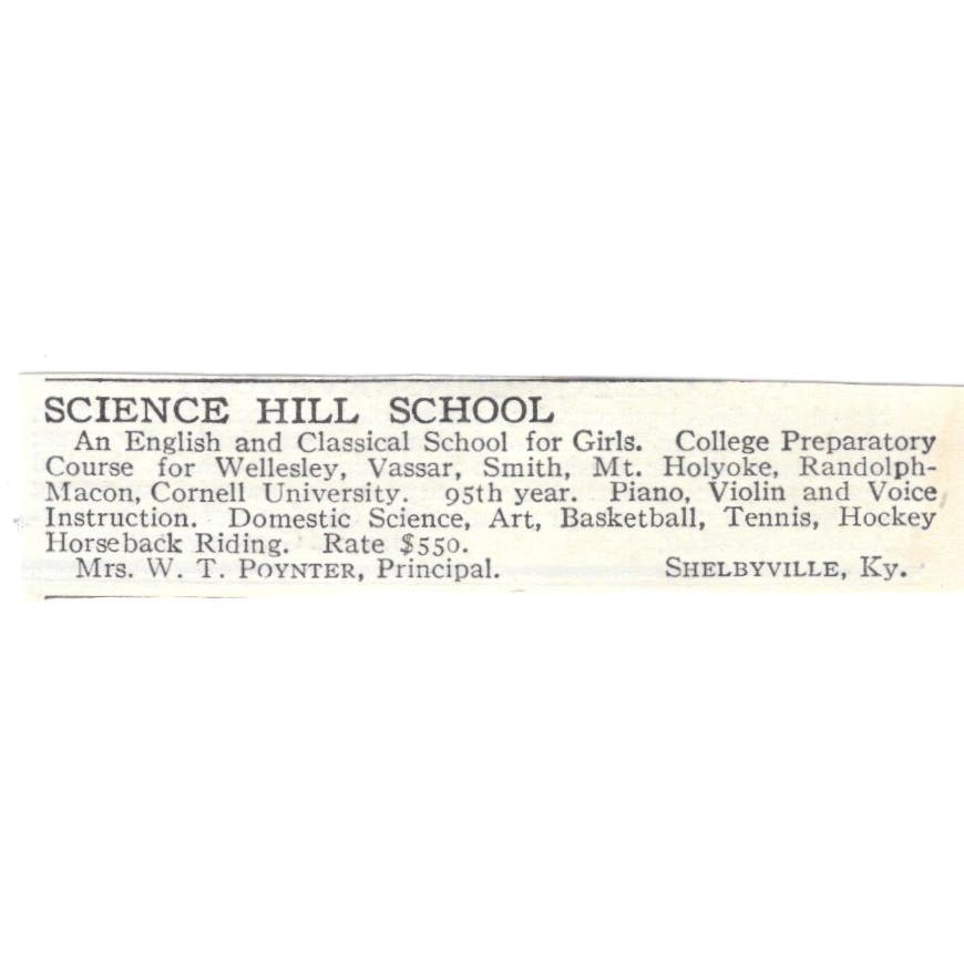 Science Hill School W.T. Poynter Shelbyville KY c1918 Advertisement AE5-SA4