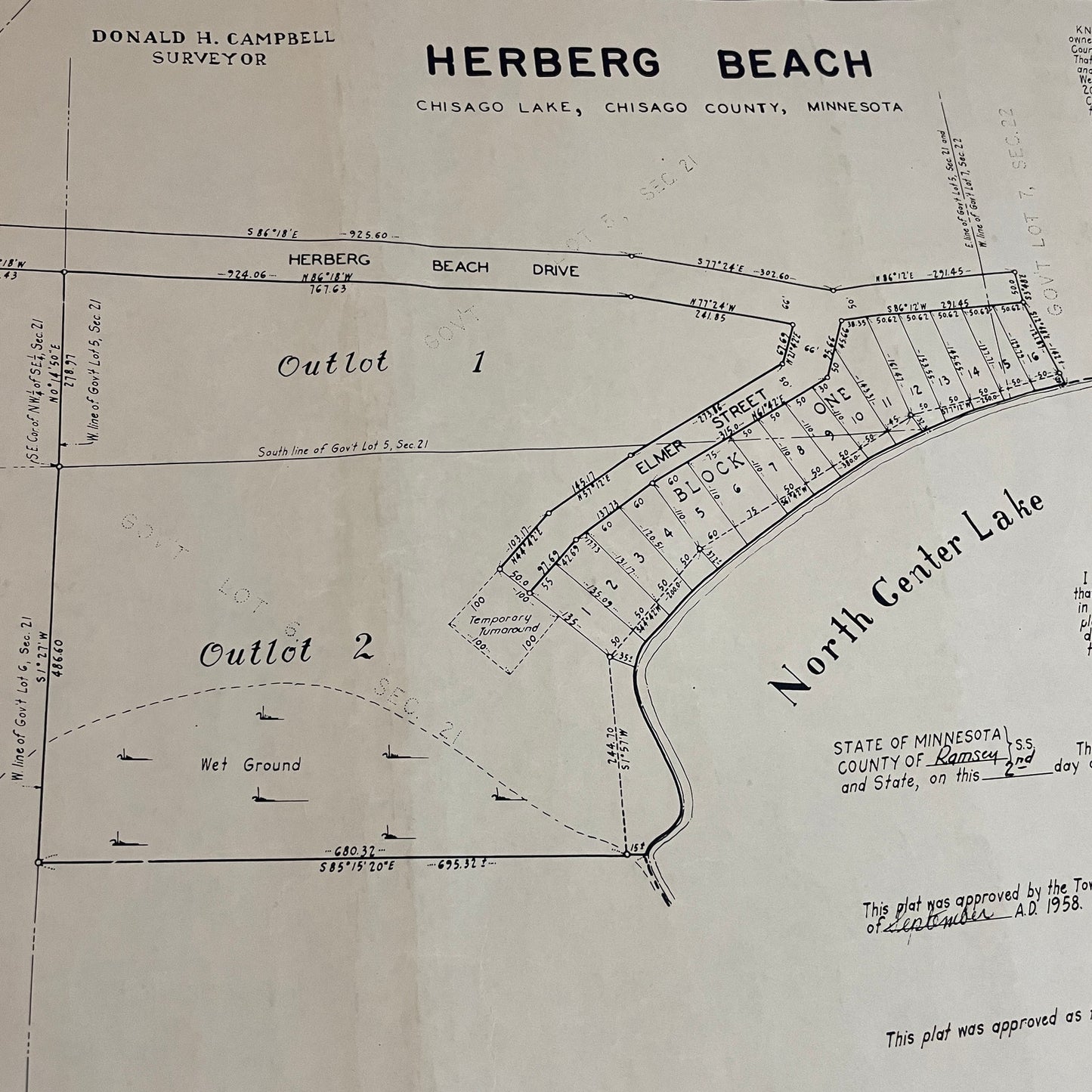 Herberg Beach Chisago Lake Lindstrom Chisago County MN Vintage Plat Map RM1