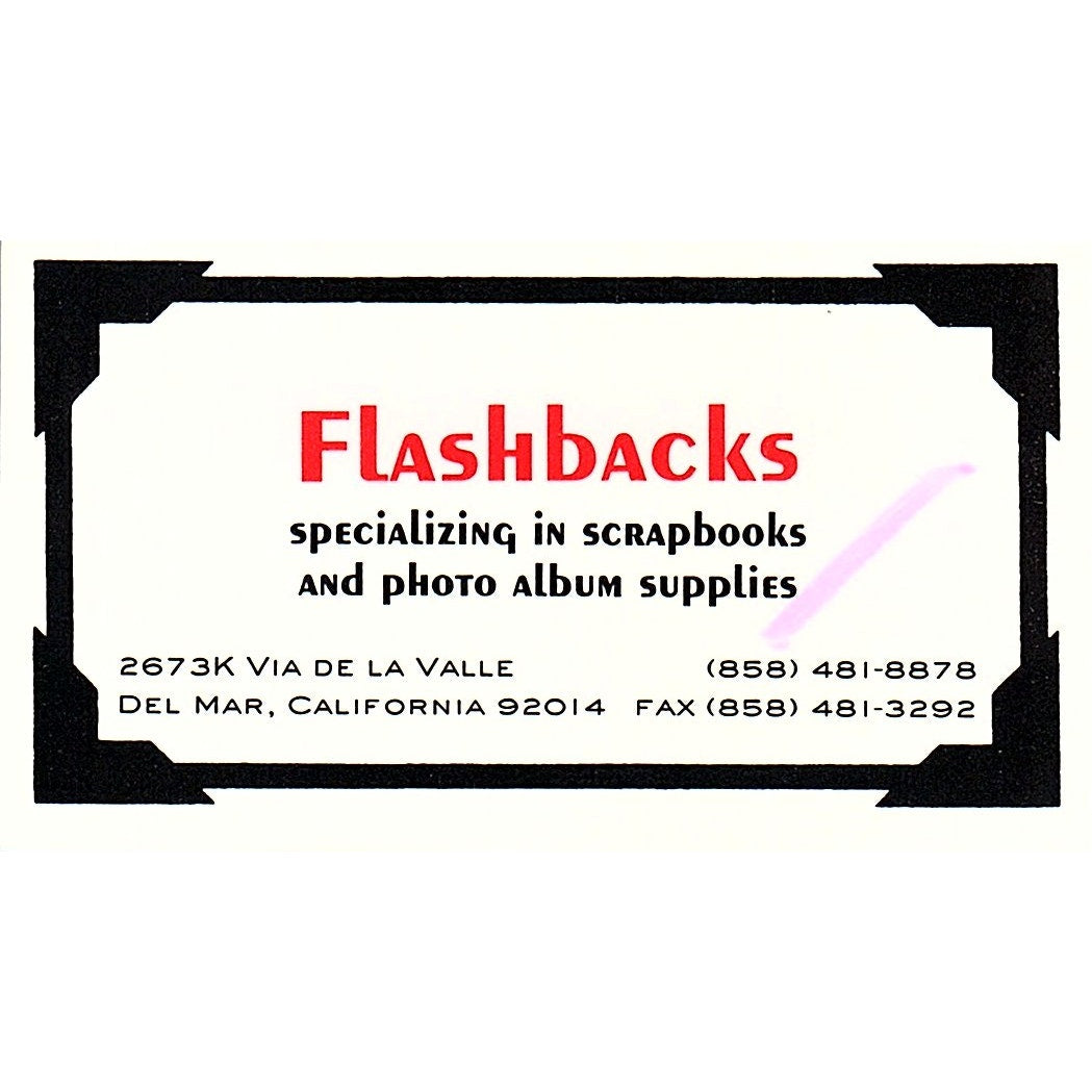Flashbacks Scrapbooks Photo Album Supplies Del Mar CA Vtg Business Card SC9-B11