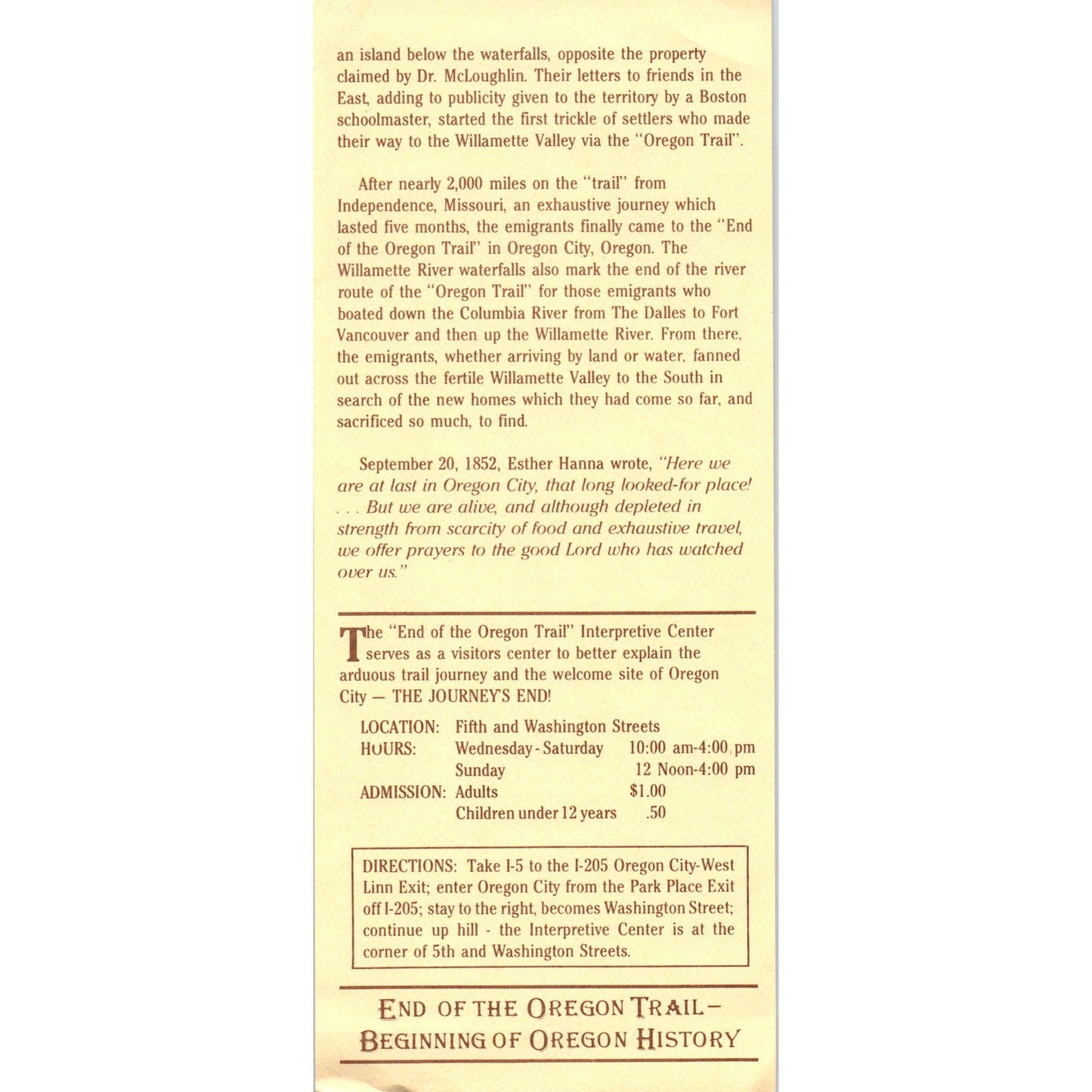 Vtg National End of Oregon Trail Interpretive Center Oregon City Leaflet TH2-O2