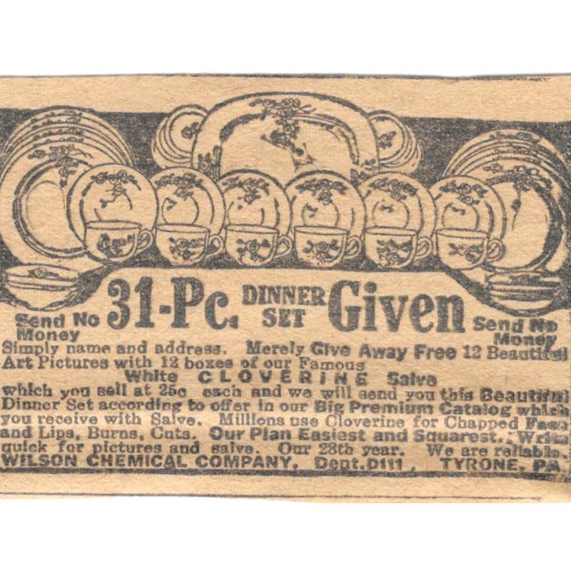Wilson Chemical Co Tyrone PA Dining Set Offer 1923 Magazine Ad Clip AE1-7