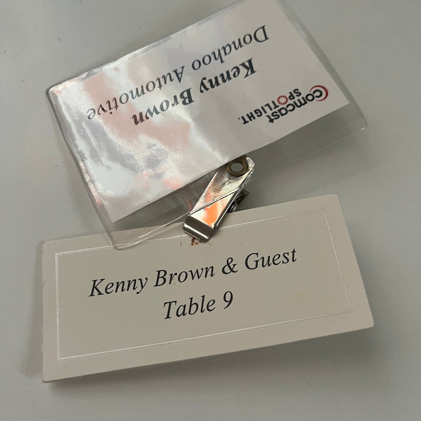 Vintage Comcast Spotlight Dinner Nametag Kenny Brown Donahoo Automotive TB7-BC17