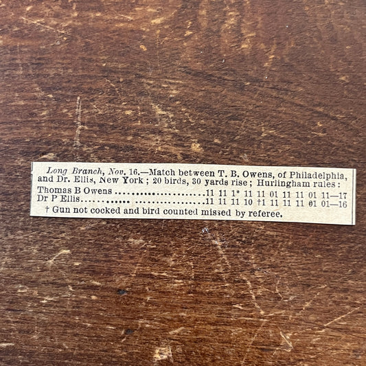 Nov 1878 Long Branch Pigeon Match T.B. Owens, Dr. Ellis 1878 Clip AG2-S18
