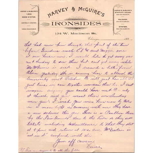 1890s Harvey & McGuire's Ironsides Madison St. Milwaukee WI Letterhead J15