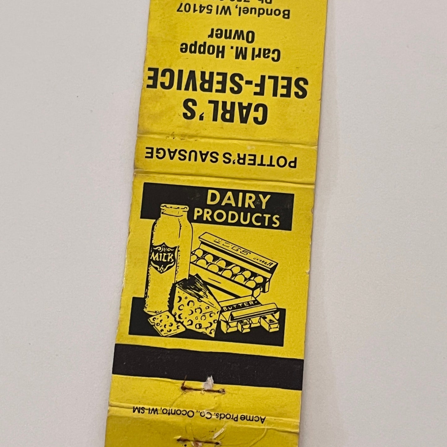 Carl's Self-Service Carl M Hoppe Bonduel WI Vintage Matchbook Cover TB6-MB2-2
