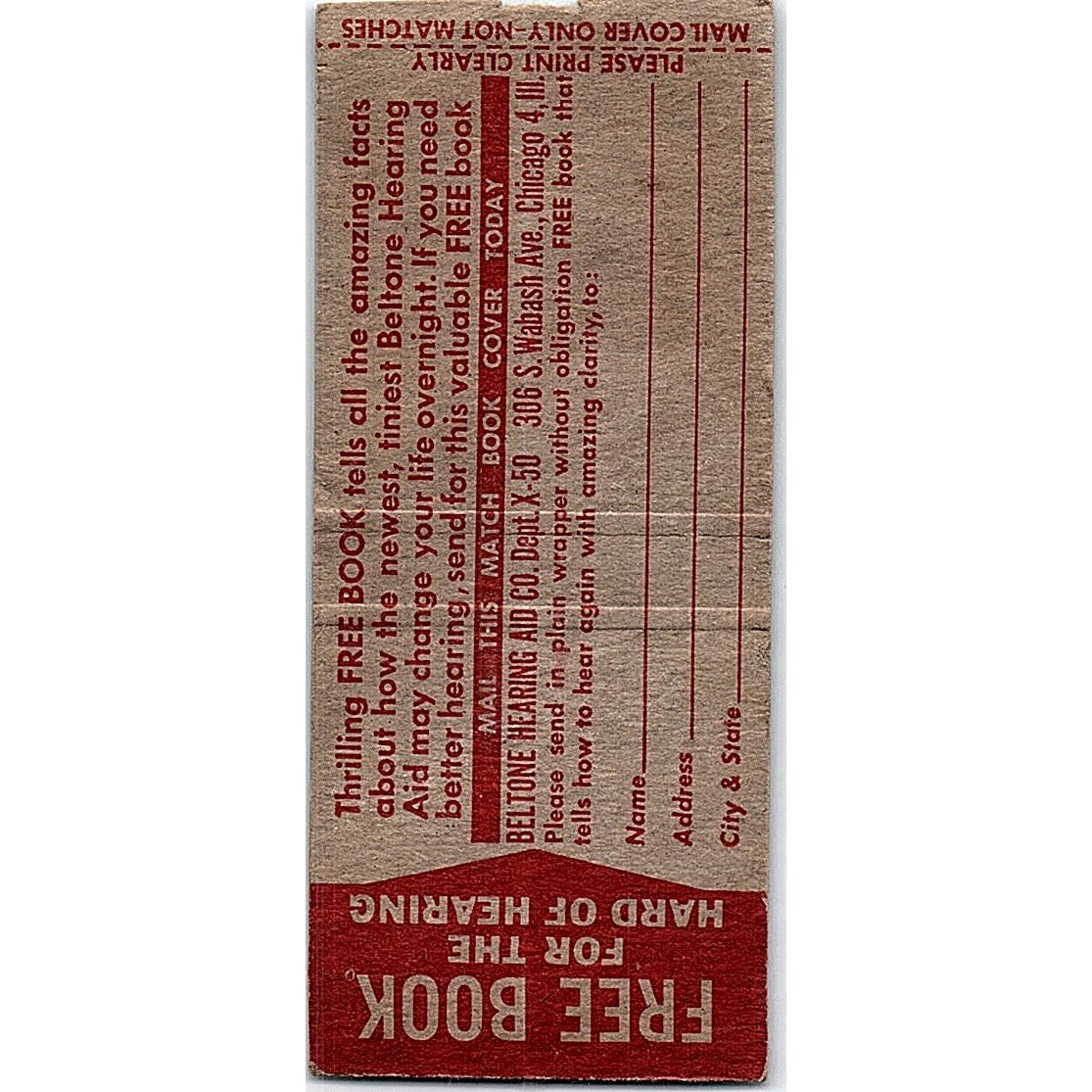 Beltone Hearing Aid Co Chicago Vintage Matchbook Cover SC7-Y9