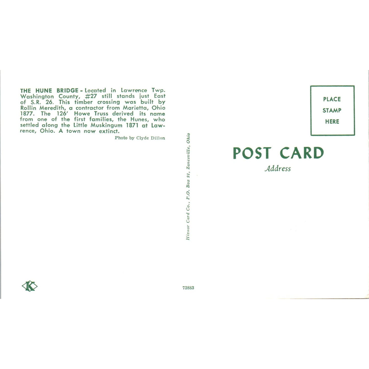 The Hune Bridge Lawrence Twp Washington County OH Covered Bridge Postcard PB11