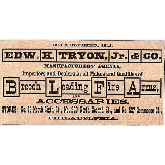 Edwin K Tryon Jr & Co Breech Loading Fire Arms Philadelphia 1878 ad AG2-H4