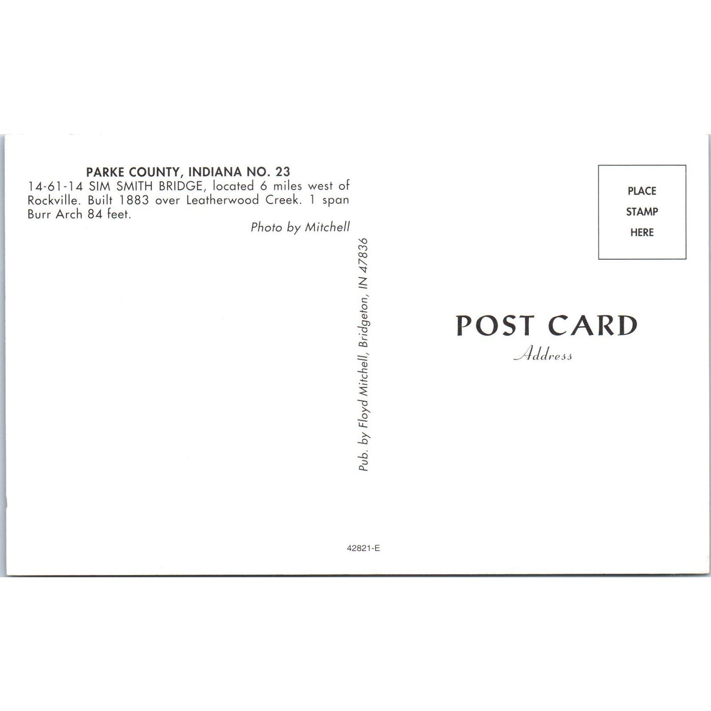 Sim Smith Bridge Parke County 23 IN Vintage Covered Bridge Postcard PC14