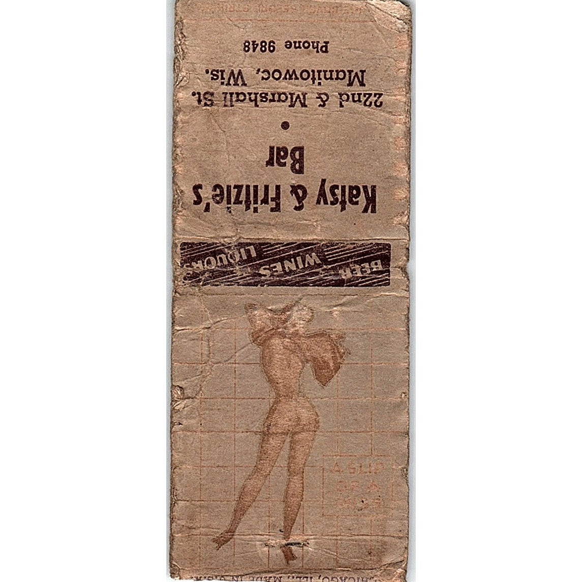 Katsy & Fritzie's Bar Manitowoc WI Pinup Vintage Matchbook Cover SF3-Y1