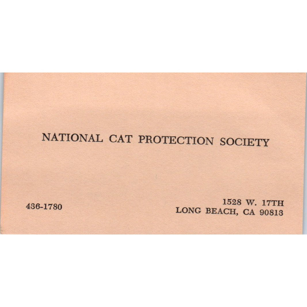 National Cat Protection Society Long Beach CA Vintage Business Card SD8-B15