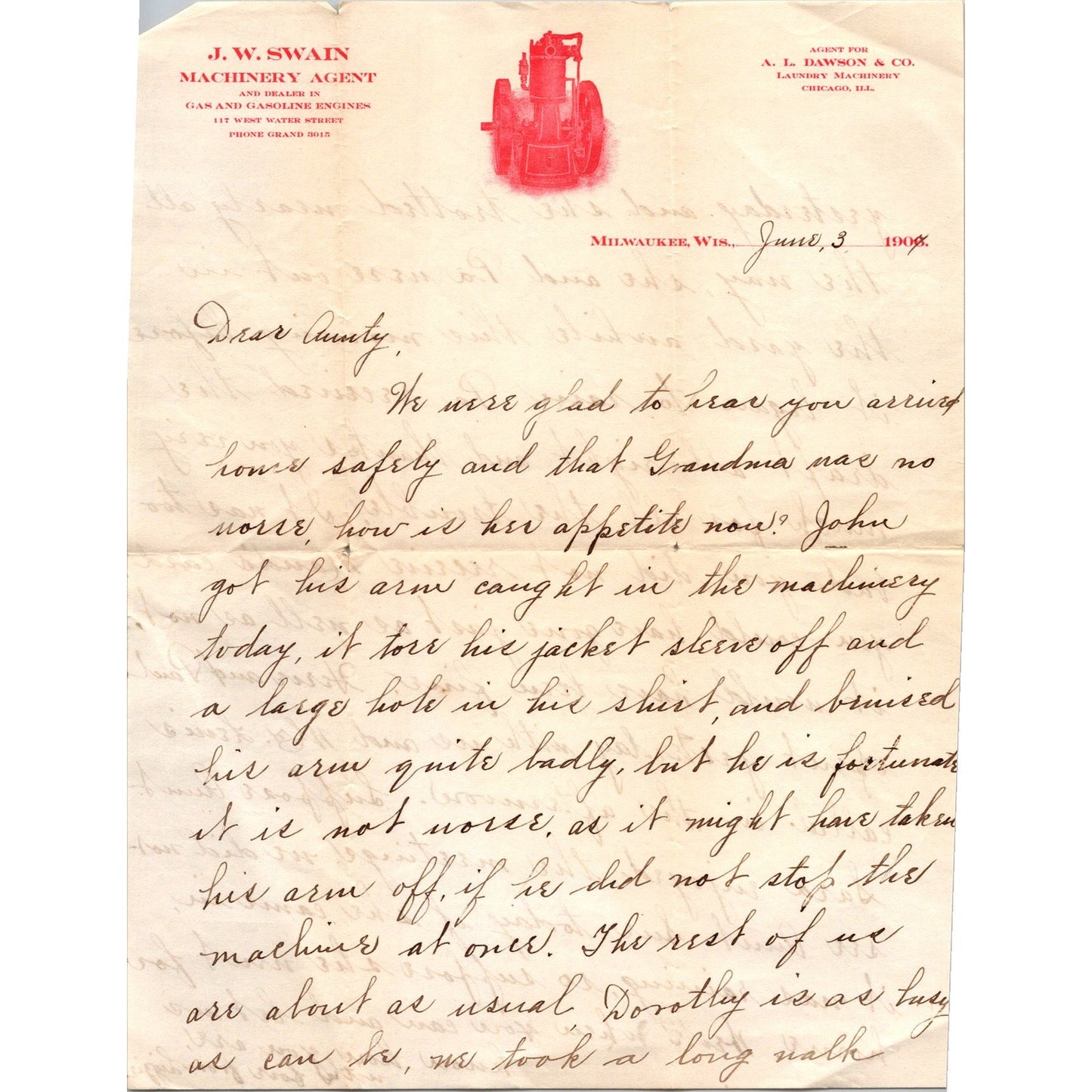 1907 J.W. Swain Machinery Agent A.L. Dawson & Co Milwaukee WI Billhead J16