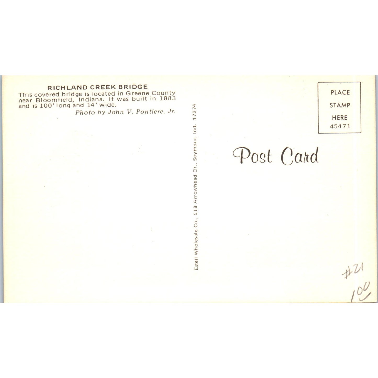 Richland Creek Bridge Bloomfield IN Vintage Covered Bridge Postcard PC16