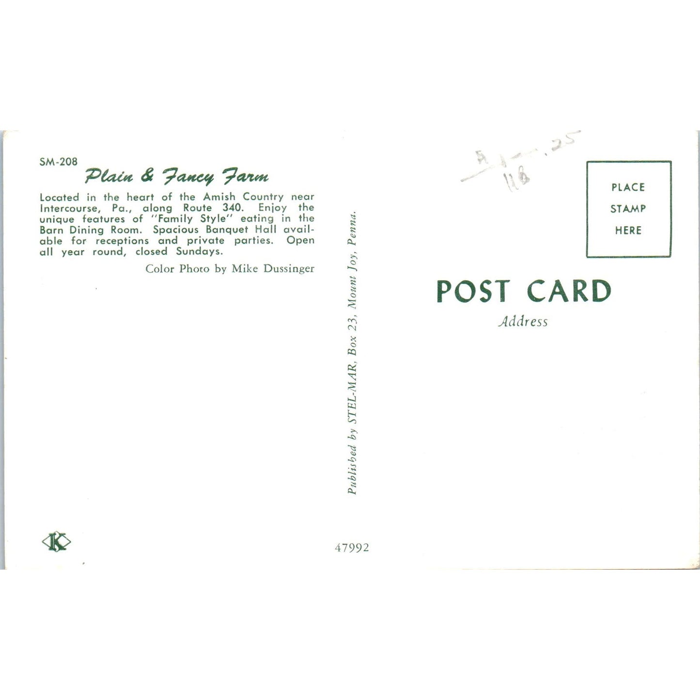 Amish Country Near Intercourse Pennsylvania Dutch Country Vintage Postcard PD5