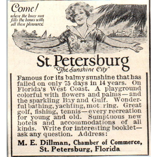 St. Petersburg Florida Travel M.E. Dilman 1924 Magazine Ad AF2-A1