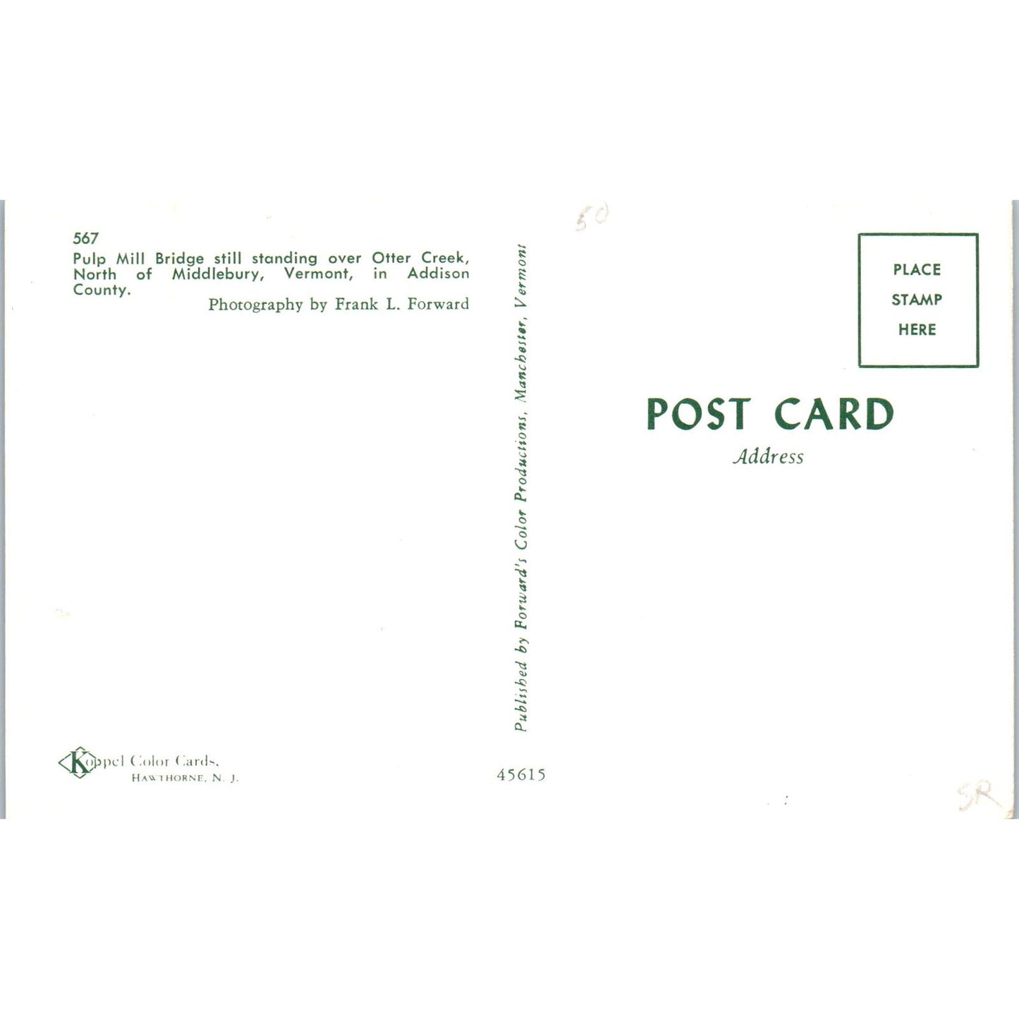 Pulp Mill Bridge Otter Creek Middlebury VT Covered Bridge Postcard PC1