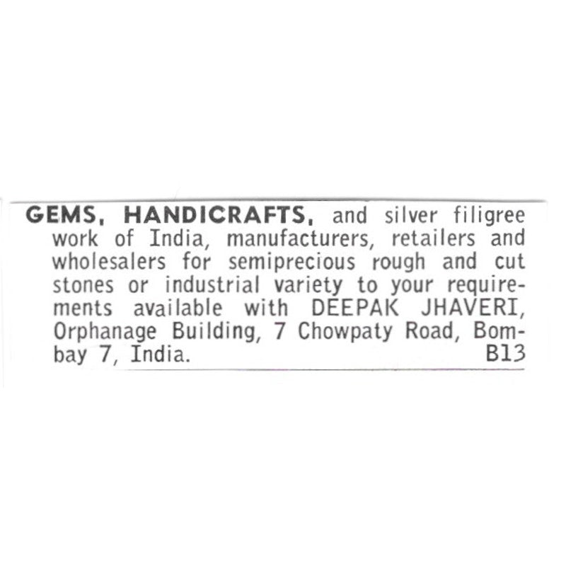Deepak Jhaveri Gems, Handicrafts Bombay India 1972 Ad AF8-S19